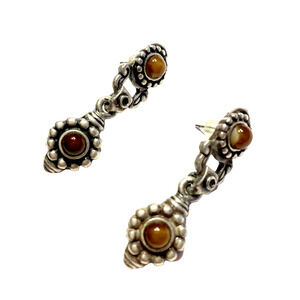 Pierced Earrings Silvertone Pewter Look & Brown Beads Etruscan Style Drop Dangle